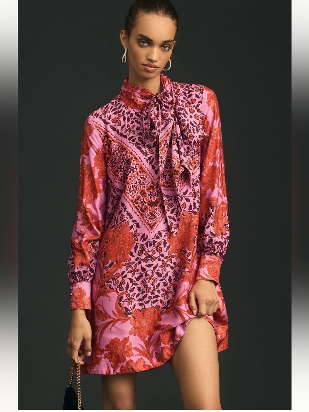 Anthropologie Maeve Pink and Red Floral Tie-Neck Mini Dress - Sz S